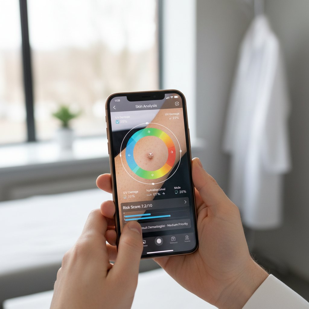 Smartfon z aplikacją analizującą zdjęcia znamion, symbol postępu technologicznego w medycynie
