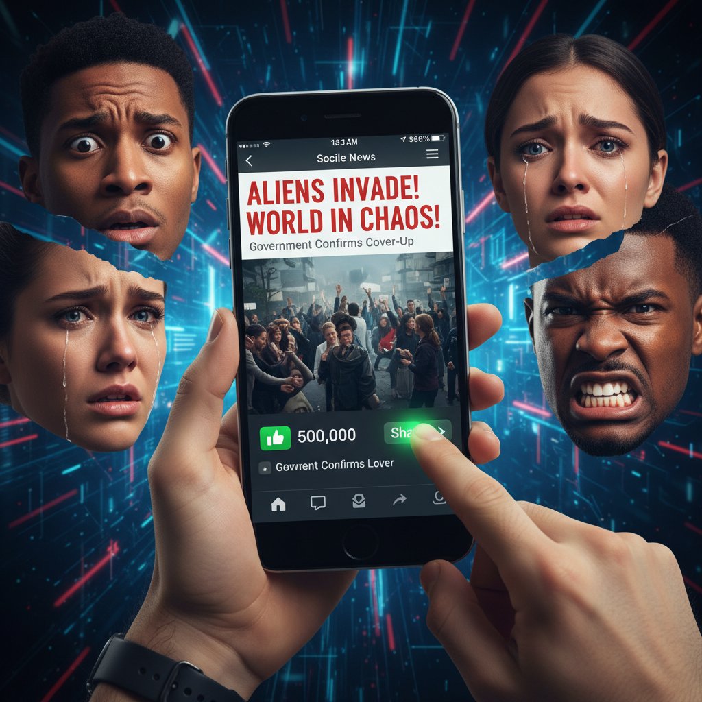 Zdjęcie smartfona z otwartym portalem społecznościowym, palec przewija fake news, wyraźne emocje, słowa kluczowe: adenowirus, fake news, social media