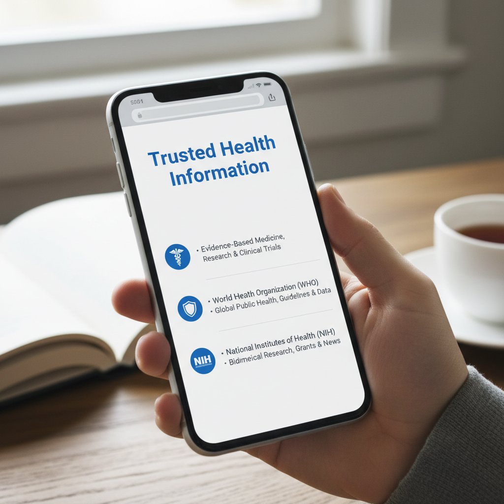 Zbliżenie na ekran smartfona z wyświetlonymi wiarygodnymi źródłami zdrowotnymi