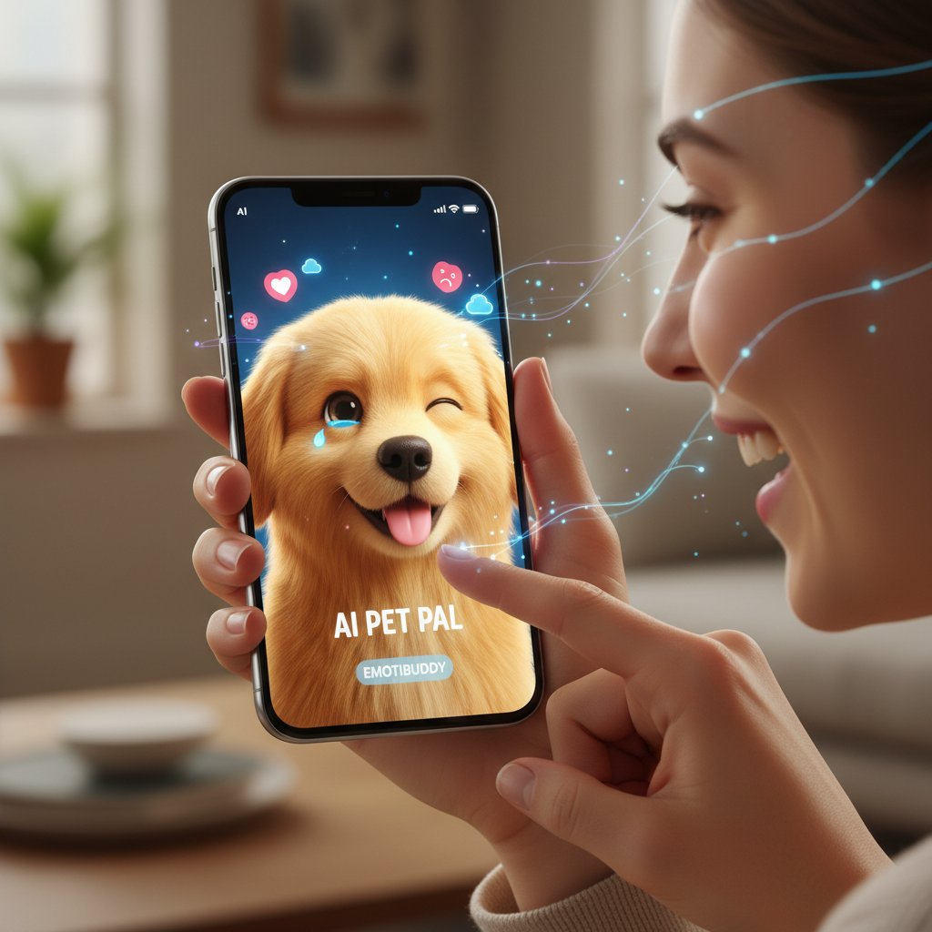 Smartfon z wirtualnym psem, wyświetlającym różne emocje, osoba dotykająca ekranu – interaktywność i AI