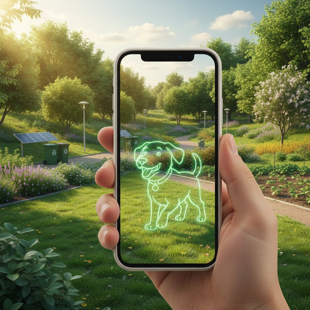 Ekologiczna scena – smartfon z wirtualnym psem na tle zielonego parku, brak śladów po odpadach