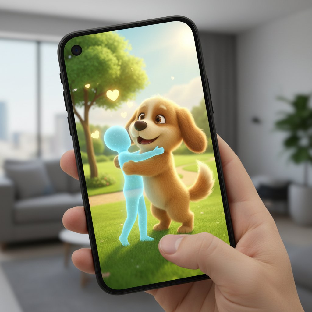 Zbliżenie na ekran smartfona z animacją przytulającego się wirtualnego psa