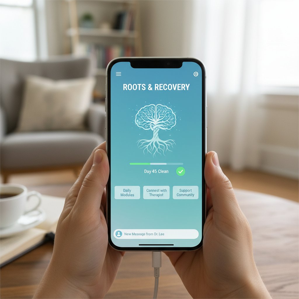 Nowoczesne narzędzia terapeutyczne: osoba korzystająca z aplikacji mobilnej wspierającej terapię uzależnień