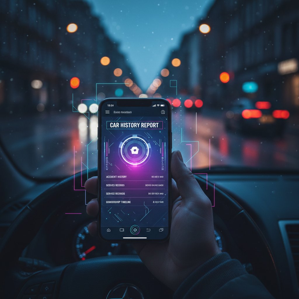 Checking vehicle history report on a smartphone under neon lights.