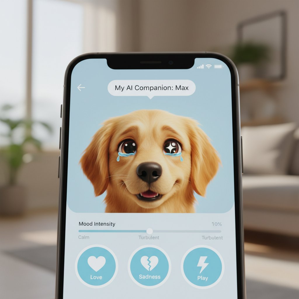 Zbliżenie na ekran smartfona z aplikacją AI-pieska, widoczne zaawansowane funkcje i reakcje emocjonalne