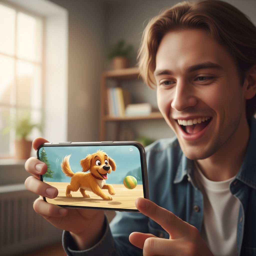 Zbliżenie na ekran smartfona, gdzie realistyczny wirtualny piesek AI reaguje na uśmiech użytkownika