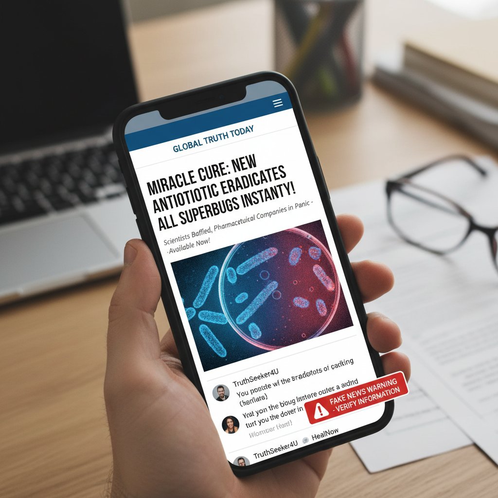 Ekran smartfona z fałszywym nagłówkiem o antybiotykach