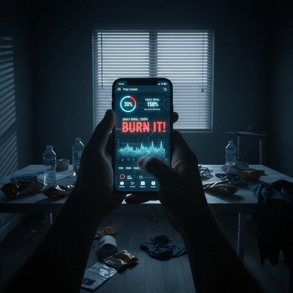 Osoba przeglądająca aplikację fitness na smartfonie, ciemny pokój, napięcie, regularność ćwiczeń
