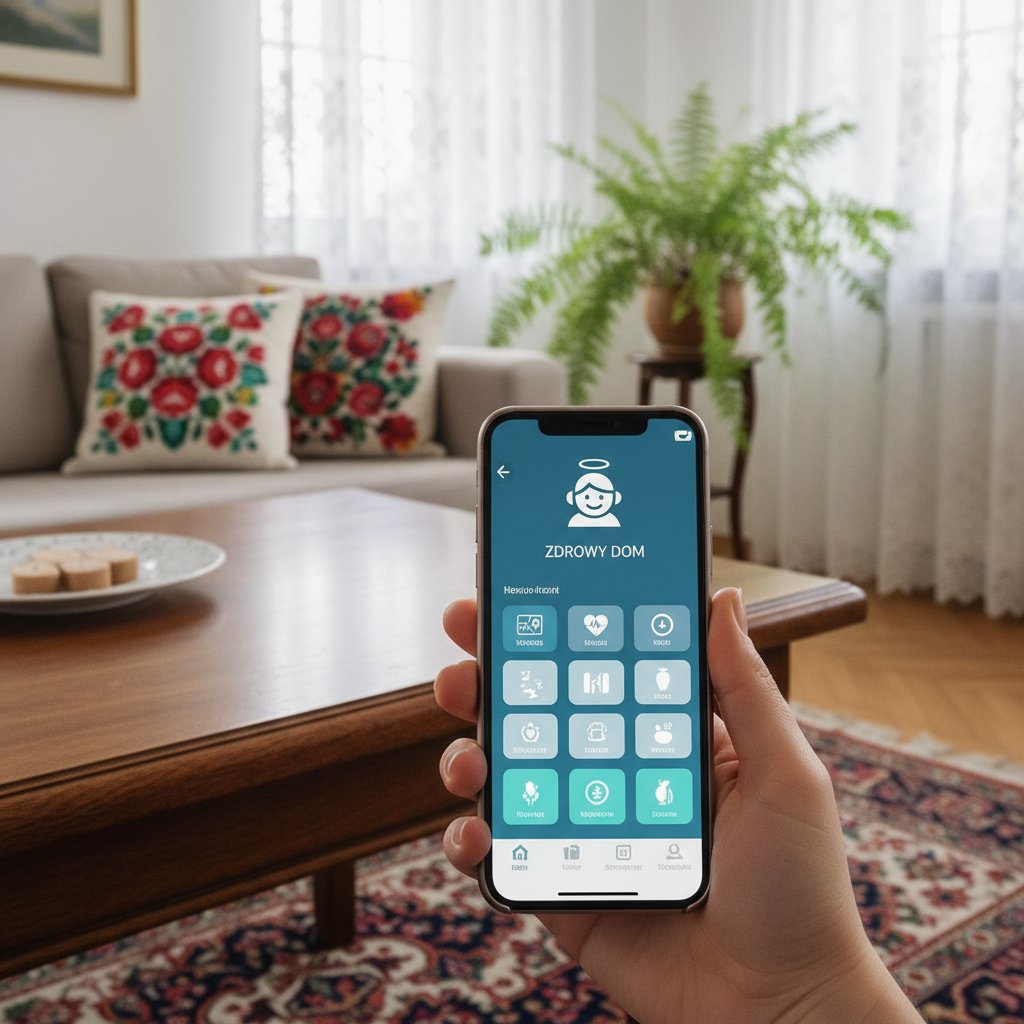 Smartfon z aplikacją zdrowotną na tle polskiego mieszkania