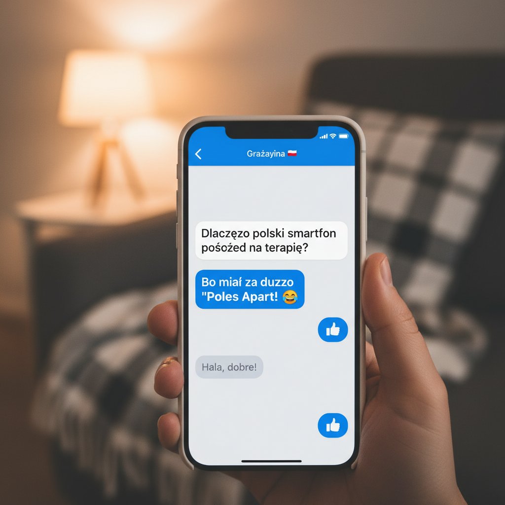 Ekran telefonu z wysłanym dowcipem, świeży żart online po polsku na smartfonie