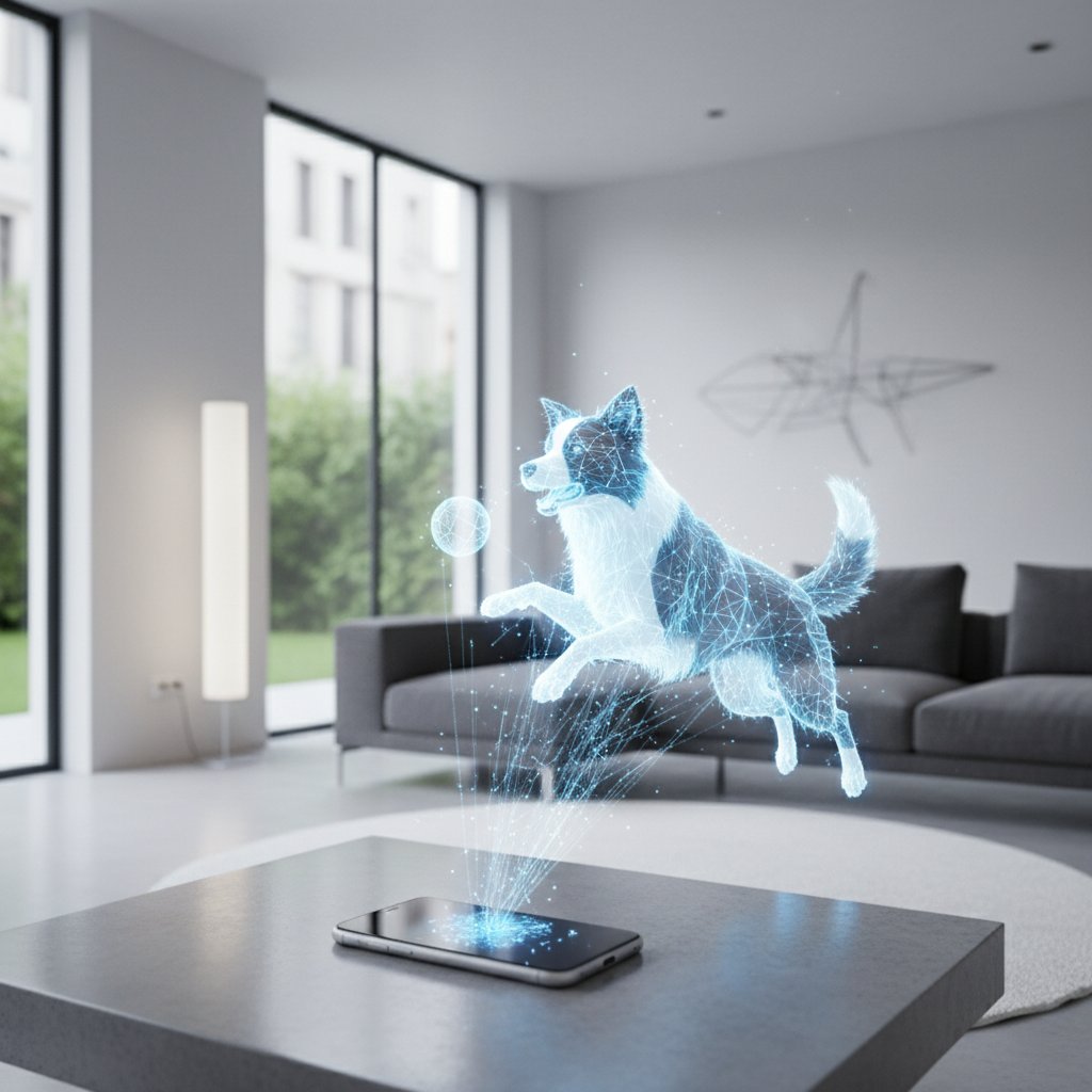Wirtualny piesek bawiący się w nowoczesnym salonie dzięki technologii