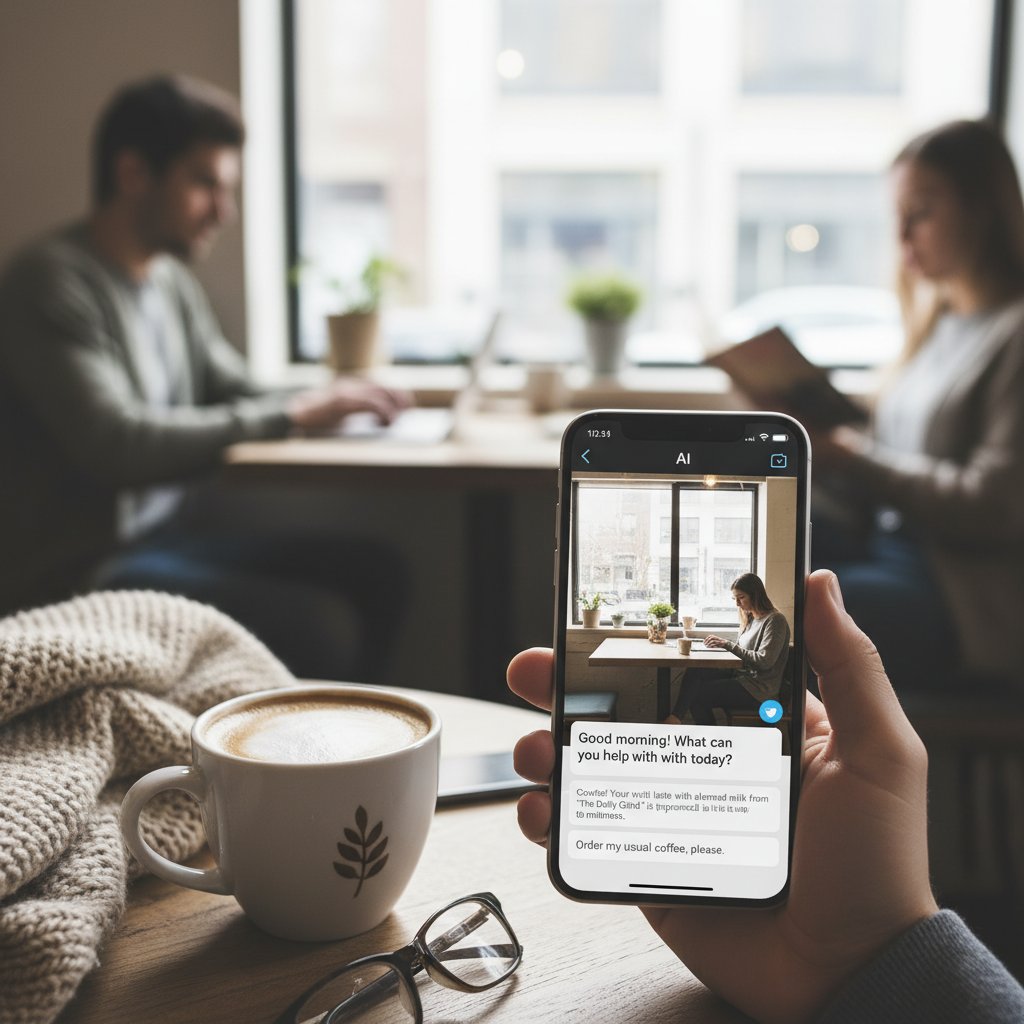 Ekran smartfona z widoczną rozmową z AI kumplem, obok kubek kawy – symbol codzienności i wygody