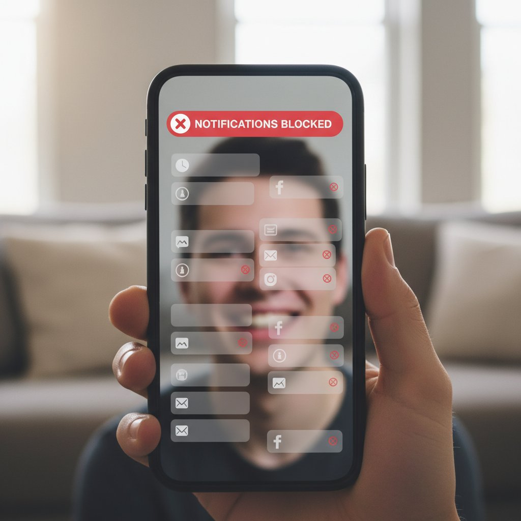 Ekran smartfona z zablokowanymi powiadomieniami, użytkownik uśmiechnięty, symbolizujący cyfrowe zaprzeczanie