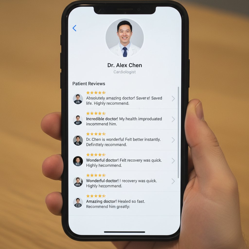 Ekran smartfona z wyświetloną podejrzanie jednolitą listą opinii o lekarzu