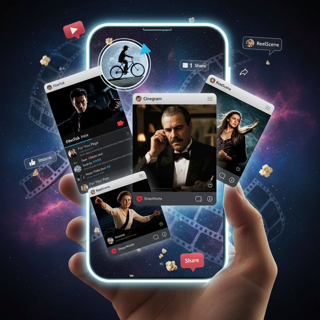 Smartphone screen capturing a famous movie scene, overlaid with social media icons, dynamic composition, best movie moments