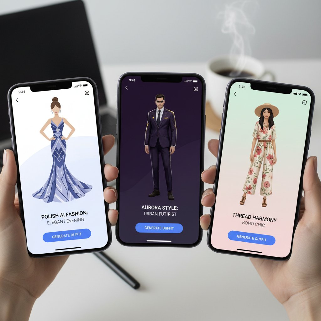 Kolaż ekranów smartfonów z polskimi aplikacjami AI stylizacje moda
