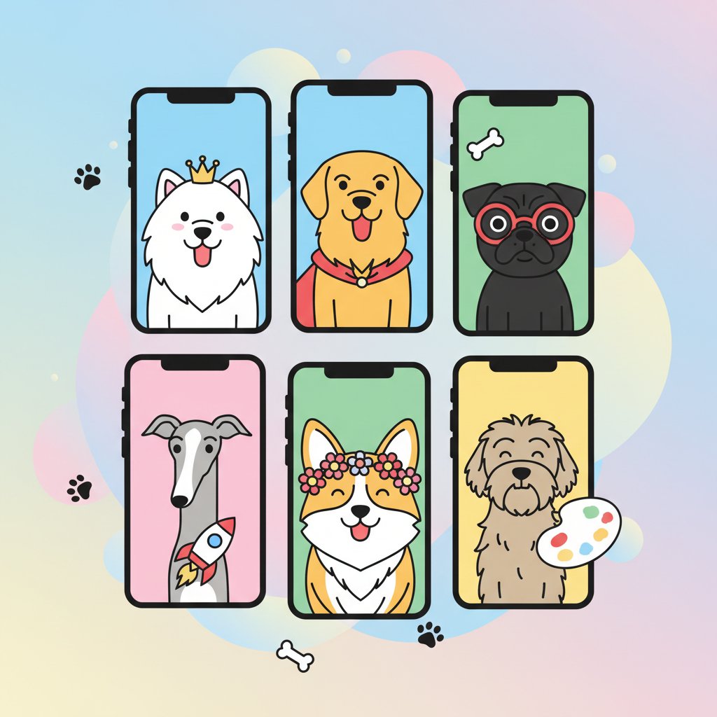 Telefony z różnymi awatarami psów na minimalistycznym tle – porównanie aplikacji z pieskiem online dla różnych użytkowników