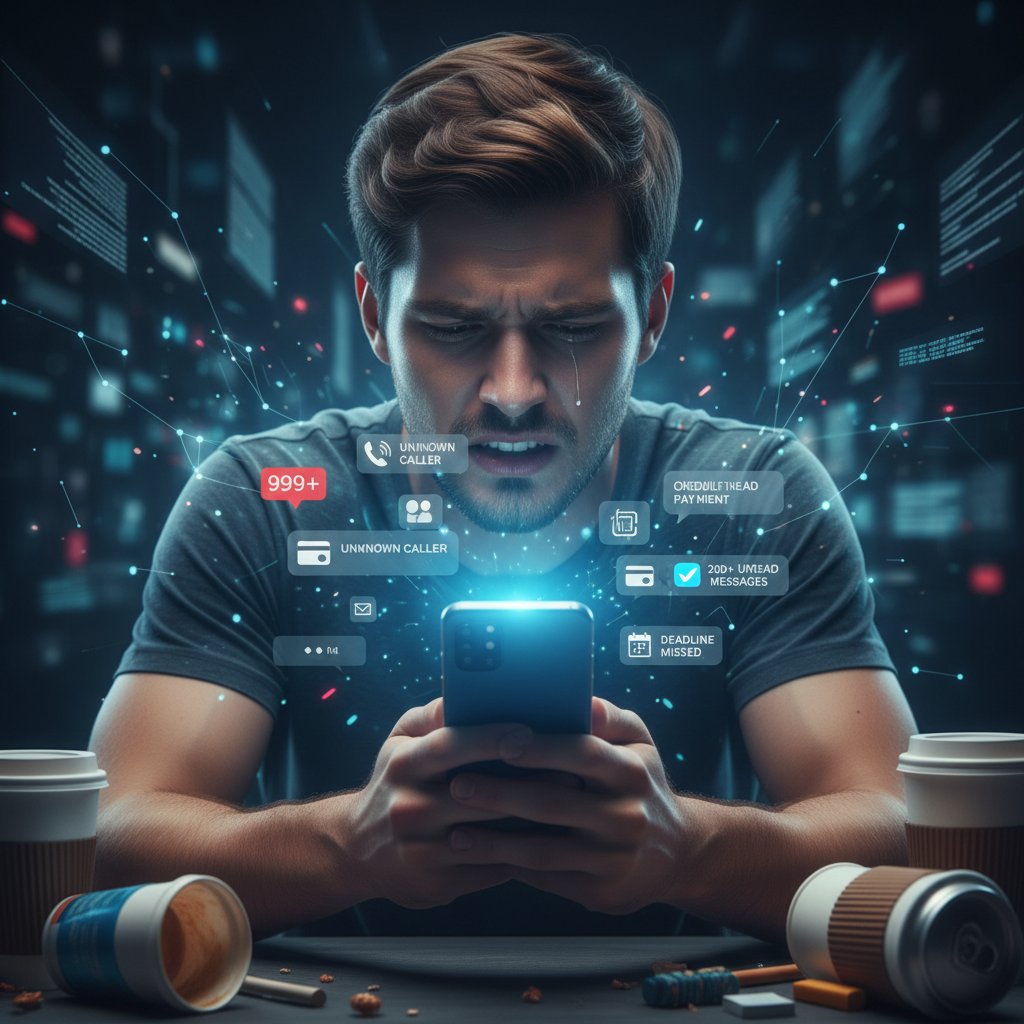 Osoba wpatrzona w ekran smartfona, otoczona powiadomieniami – stres cyfrowy w polskiej codzienności