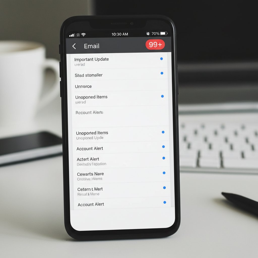 Close-up of a smartphone with a glaring unread badge, Alt: Smartphone with large unread email notification badge