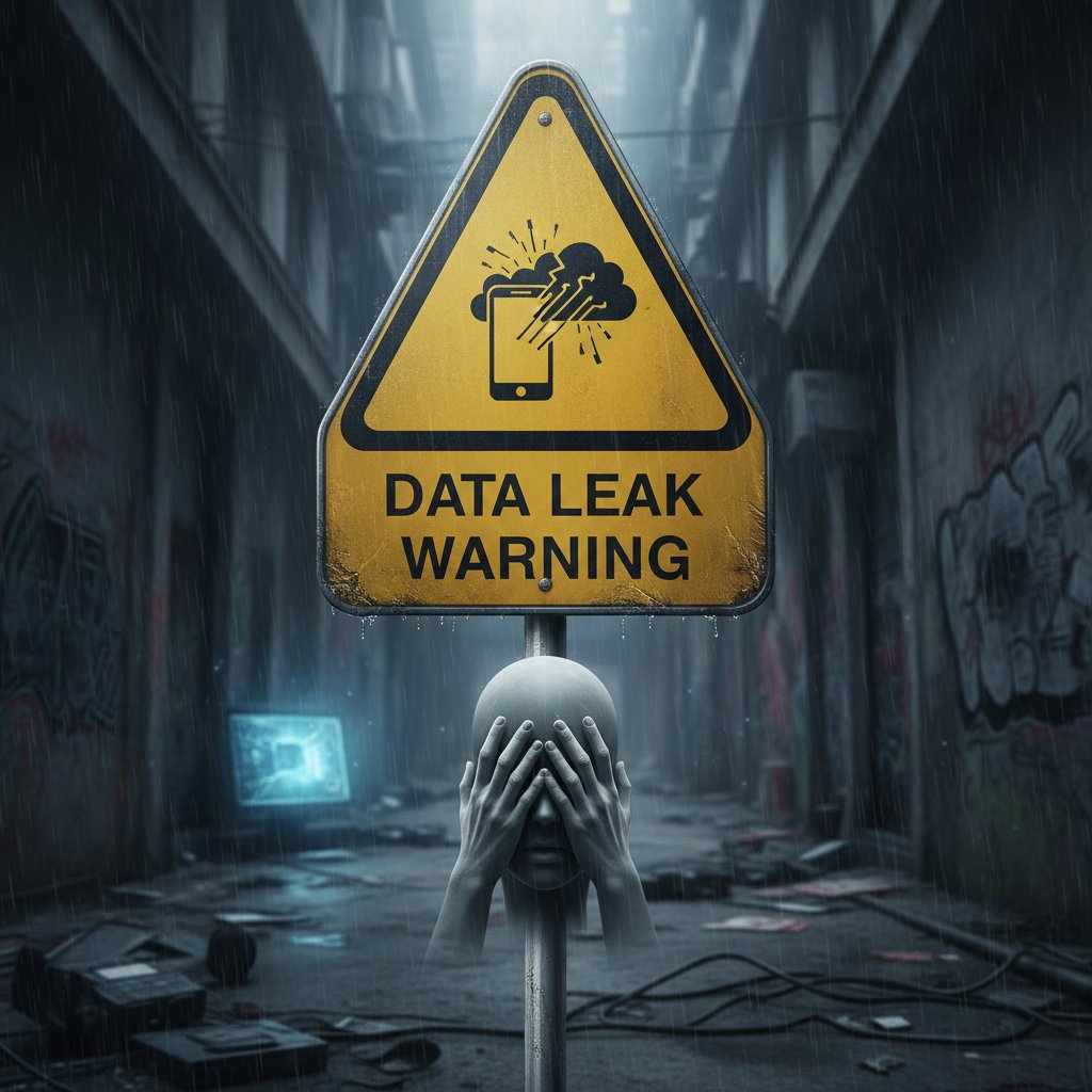 Reakcja na wyciek danych po oszustwie internetowym, telefon z ostrzeżeniem i symbolem wycieku danych, zaniepokojona osoba w tle