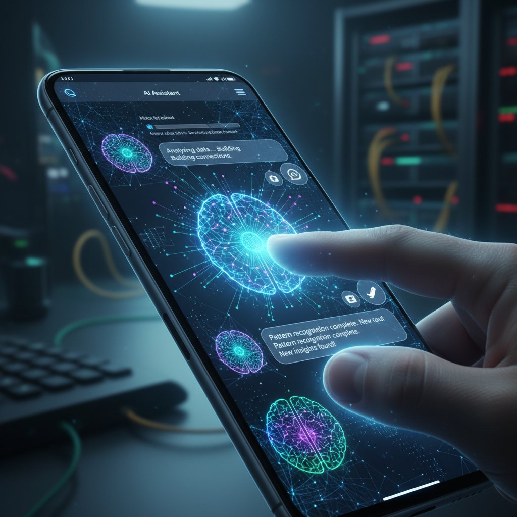 Osoba korzystająca ze smartfona z otwartym WhatsApp i widocznymi cyfrowymi motywami AI, wyrazisty kontrast, klimat nocny, motywujący i lekko buntowniczy