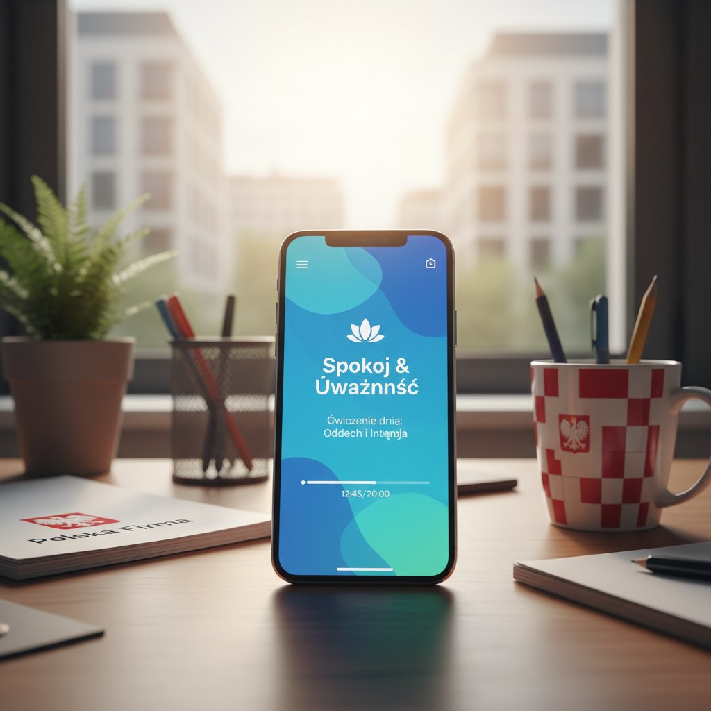 Smartfon z otwartą aplikacją mindfulness, biurko, polskie akcenty biurowe, optymistyczny nastrój