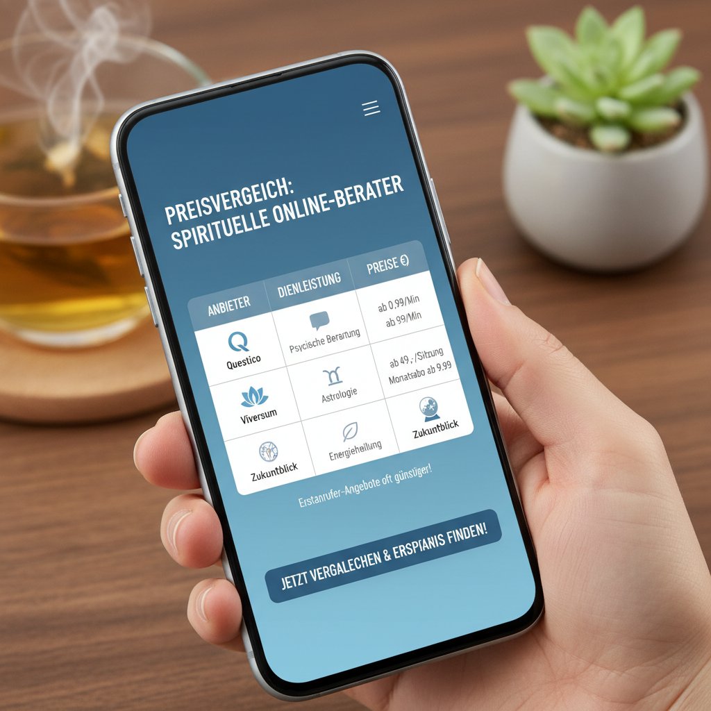 Verschiedene Smartphones nebeneinander, auf den Displays Preislisten von spirituellen Online-Anbietern – Visualisierung Preisvergleich