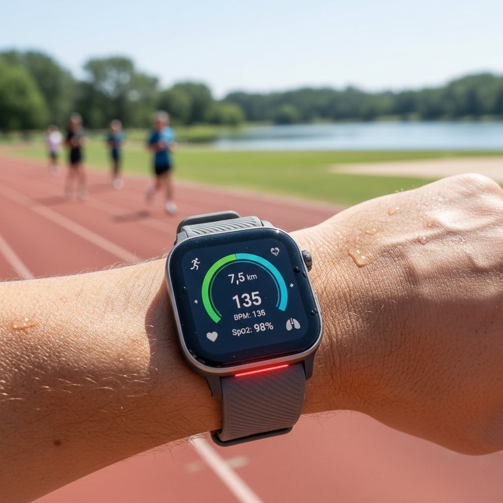 Osoba trenująca z inteligentnym zegarkiem monitorującym biometrie w fitness klubie