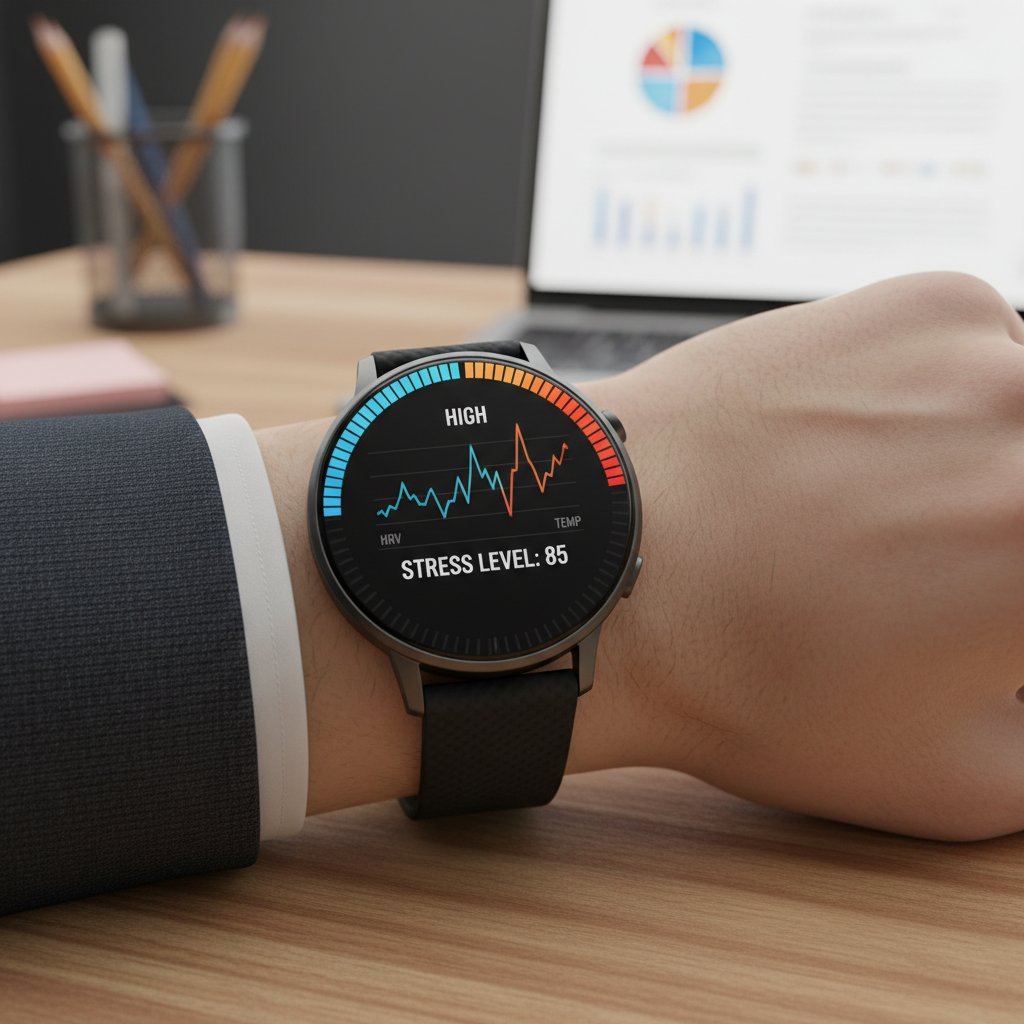 Smartwatch pokazujący poziom stresu na ekranie – nowoczesne narzędzia w walce z hiperpobudzeniem