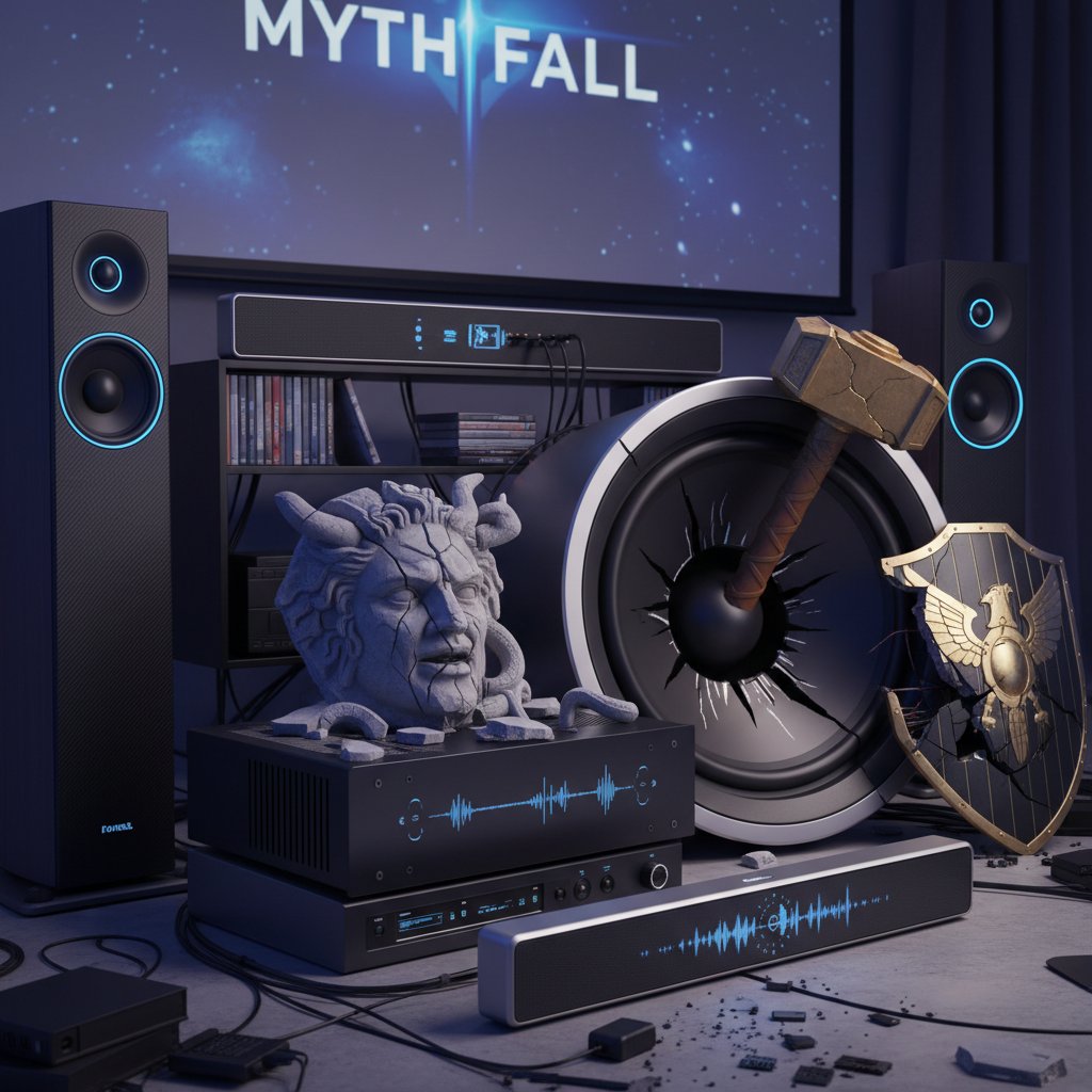 Movie sound system myths being shattered, smashed icons over equipment