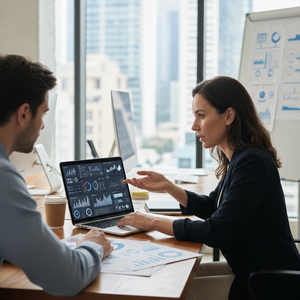 Właściciel MŚP wdraża narzędzia analityczne na laptopie w biurze