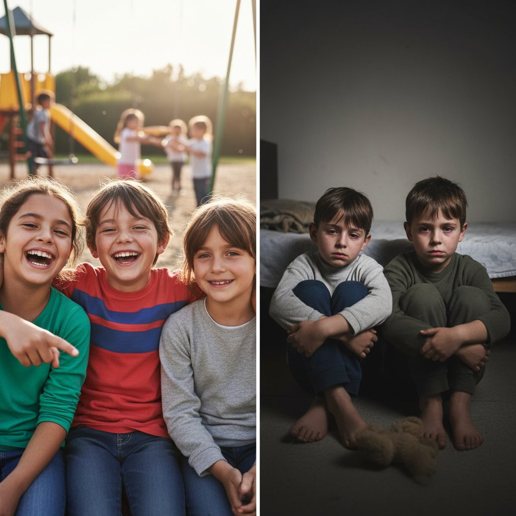 Zestawienie twarzy uśmiechniętych i zamyślonych dzieci w pieczy zastępczej, kompozycja typu split-screen