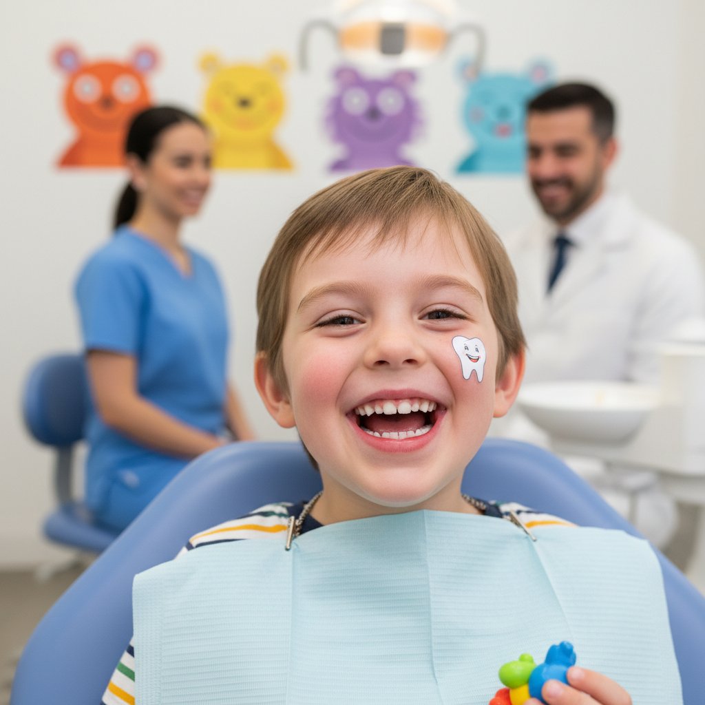 Dziecko z szerokim uśmiechem po wizycie u dentysty, lakowanie zębów