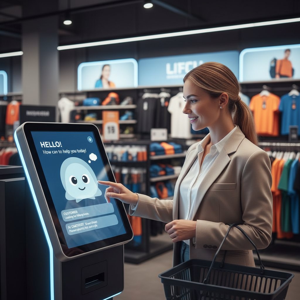 Smiling customer interacting with a digital kiosk in a retail store, symbolizing successful AI chatbot automation