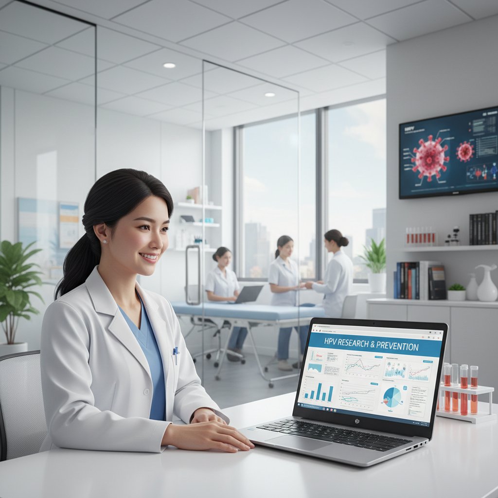 Zadowolona lekarka pokazująca wyniki badań na ekranie laptopa, sukces szczepień HPV