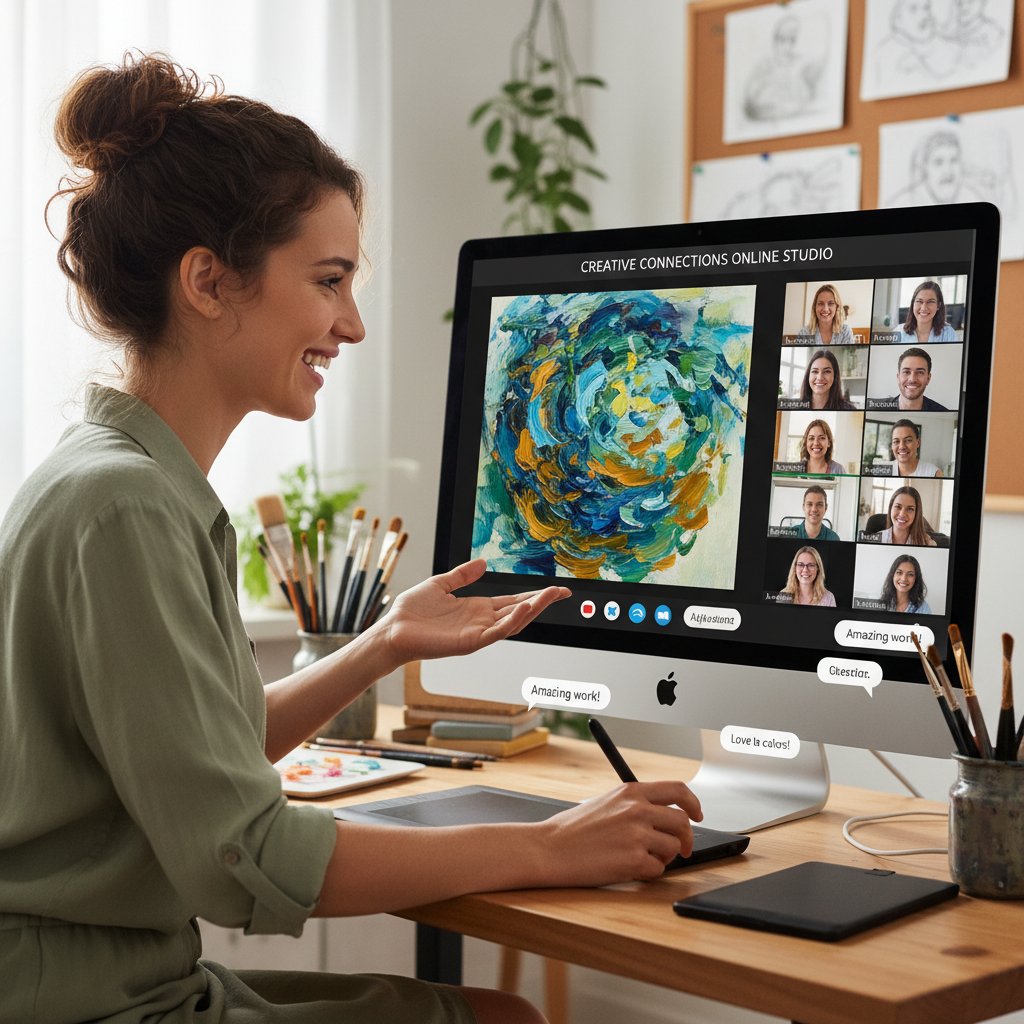 Uśmiechnięta artystka dzieli się pracami w grupie online, komputer, czat na ekranie