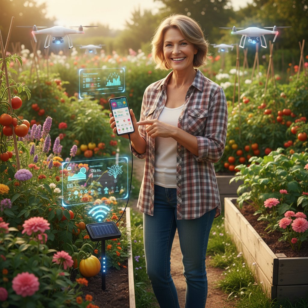 Ogrodnik z zadowoleniem patrzy na kwitnący ogród z telefonem w ręku – symbol cyfrowej transformacji