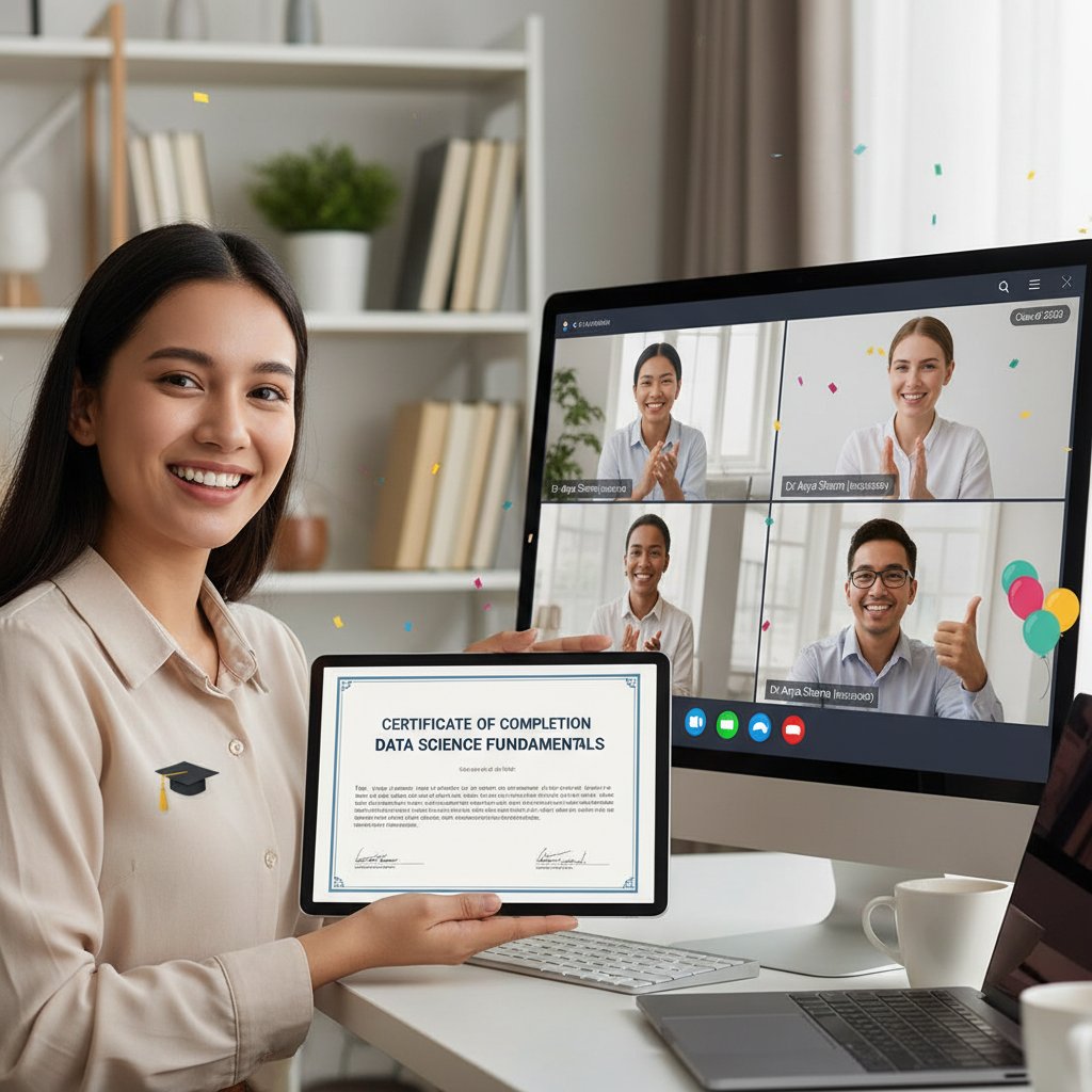 Uśmiechnięta absolwentka kursu online otrzymująca certyfikat podczas wideorozmowy