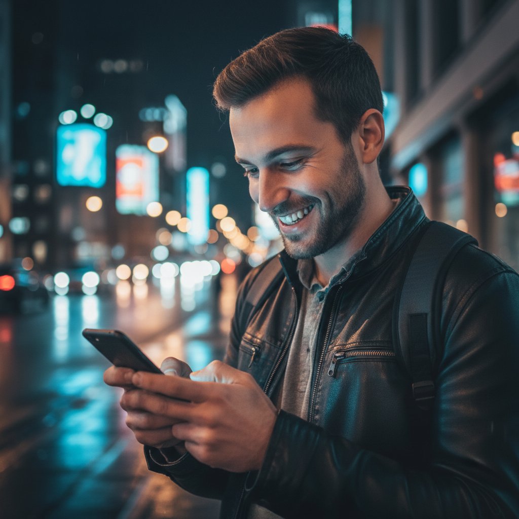 Mężczyzna z uśmiechem analizujący efekty skutecznych pierwszych wiadomości online