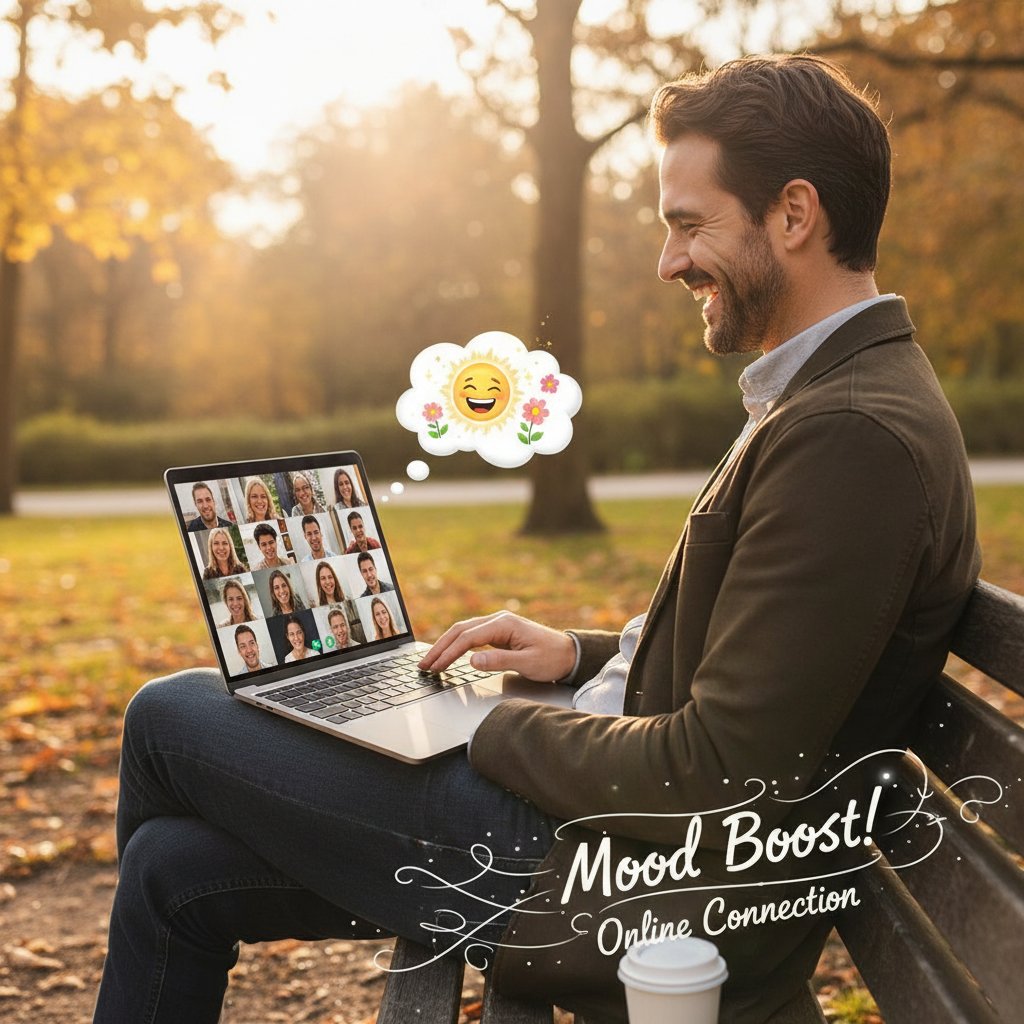 Młody mężczyzna uśmiechnięty przy laptopie, przypadek rozmowy online, poprawa nastroju