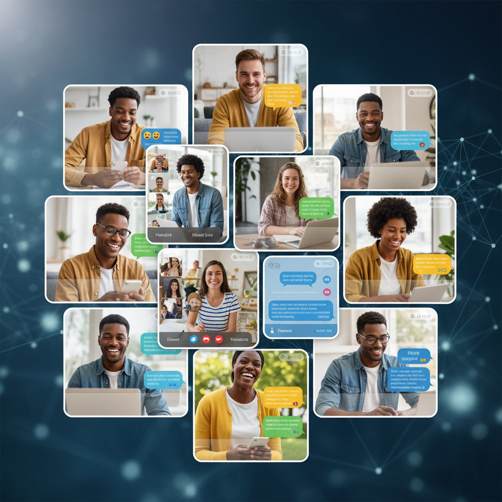 Kolaż uśmiechniętych osób i okienek czatu, poprawa humoru rozmową online