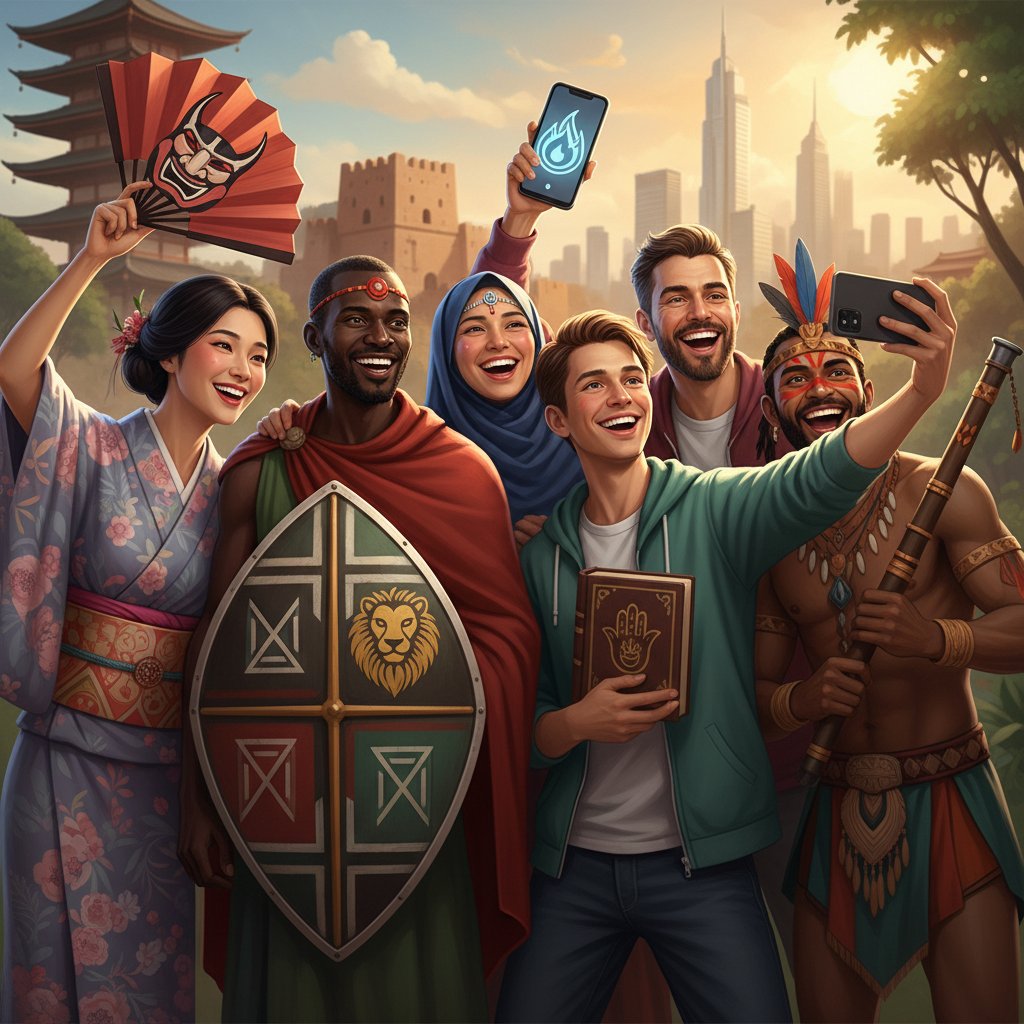 Uśmiechnięte osoby z różnych kultur, wspólne selfie, różnorodność emocji, mechanizmy obronne w kulturach