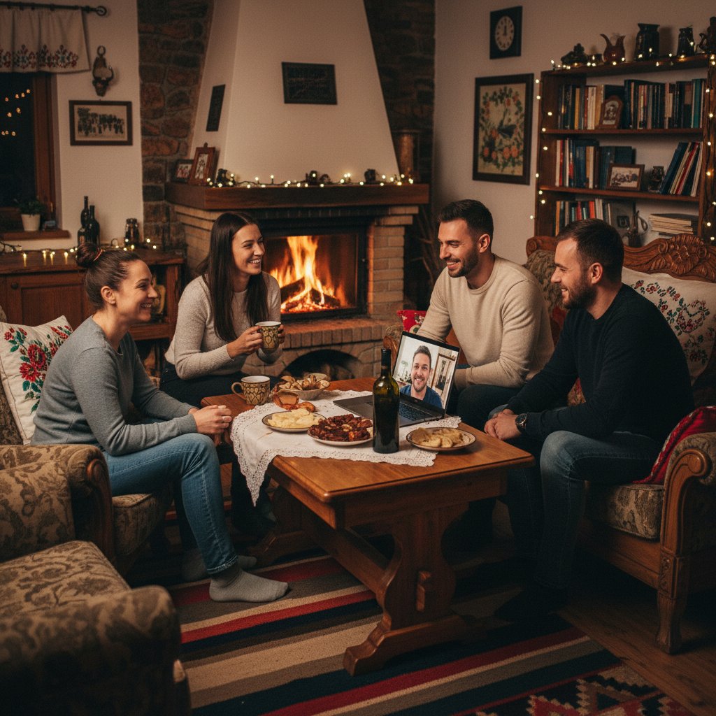Uśmiechnięte osoby patrzące na ekran laptopa podczas relaksującej rozmowy online, przytulny wieczór, polska sceneria domowa