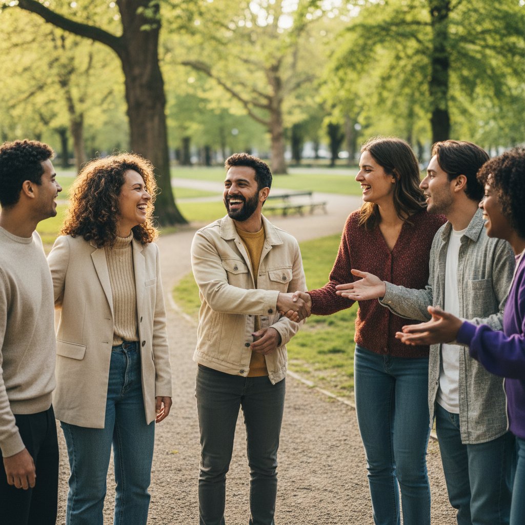 Dwie osoby uśmiechają się do siebie podczas spotkania na świeżym powietrzu