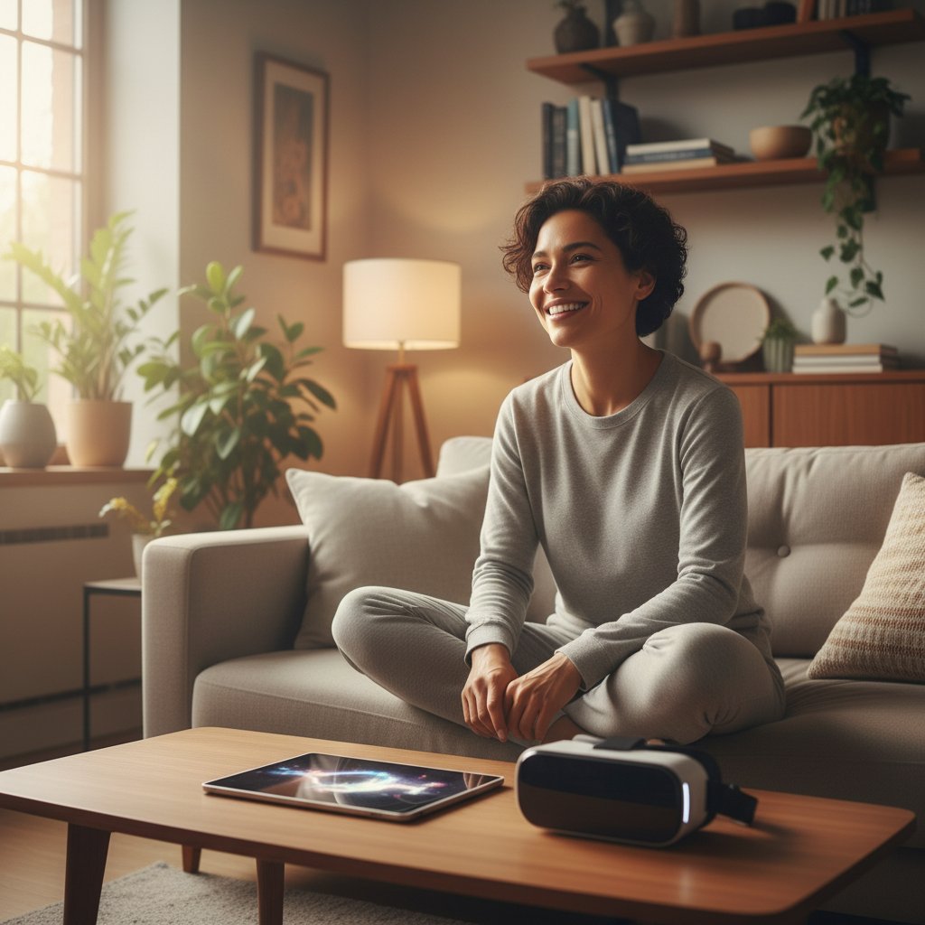 Uśmiechnięta osoba po udanej sesji z AI, jasne światło, domowa atmosfera