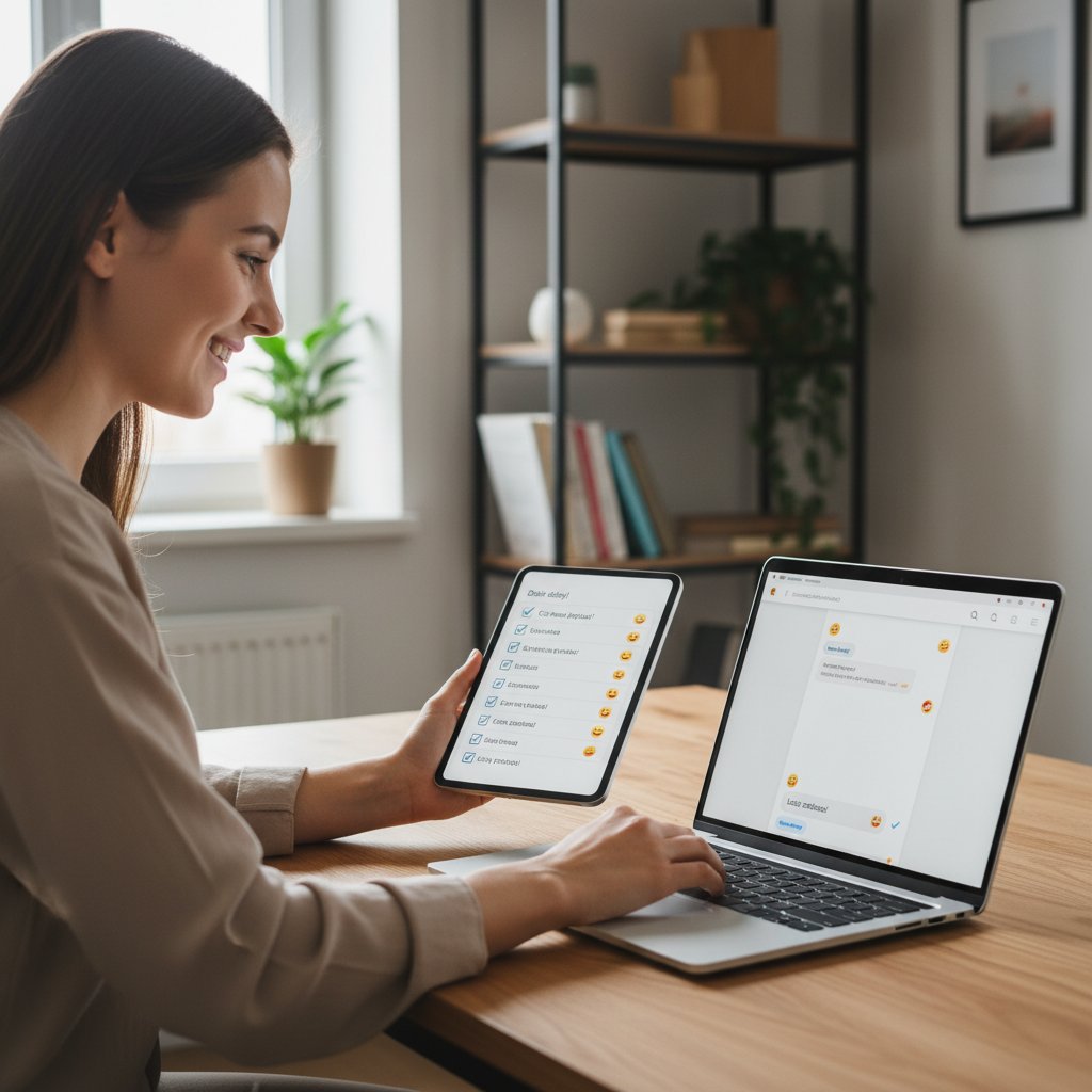 Uśmiechnięta osoba zaznaczająca check-listę na ekranie laptopa z czatem