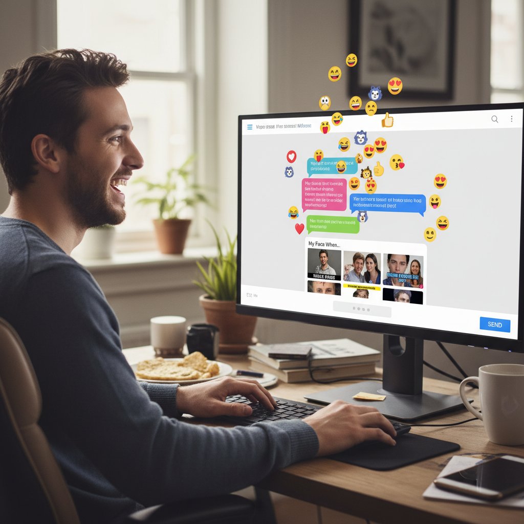 Osoba uśmiechnięta przed komputerem, na ekranie widać emotikony i memy, temat: ciekawe rozmowy online w praktyce