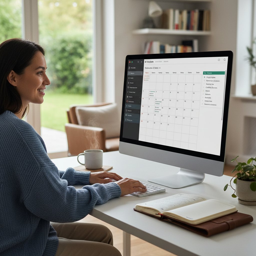 Osoba uśmiechnięta przy komputerze z zaplanowanym dniem, spokojna atmosfera