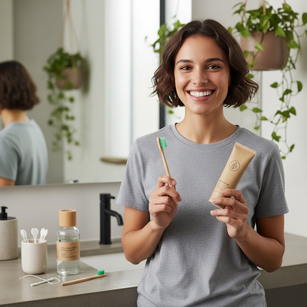 Zdjęcie uśmiechniętej osoby z zestawem do higieny jamy ustnej