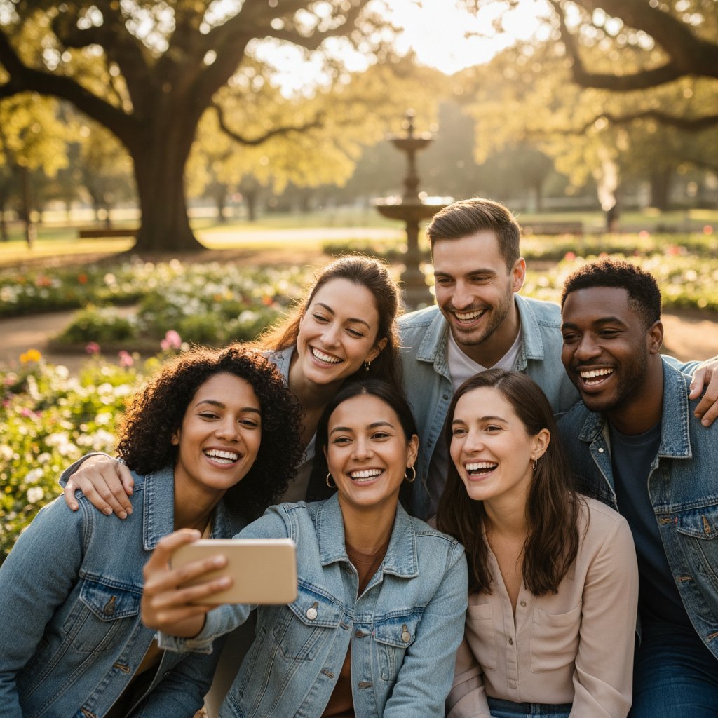 Uśmiechnięta osoba w otoczeniu znajomych, harmonijna atmosfera, ekspresja emocji pozytywnych